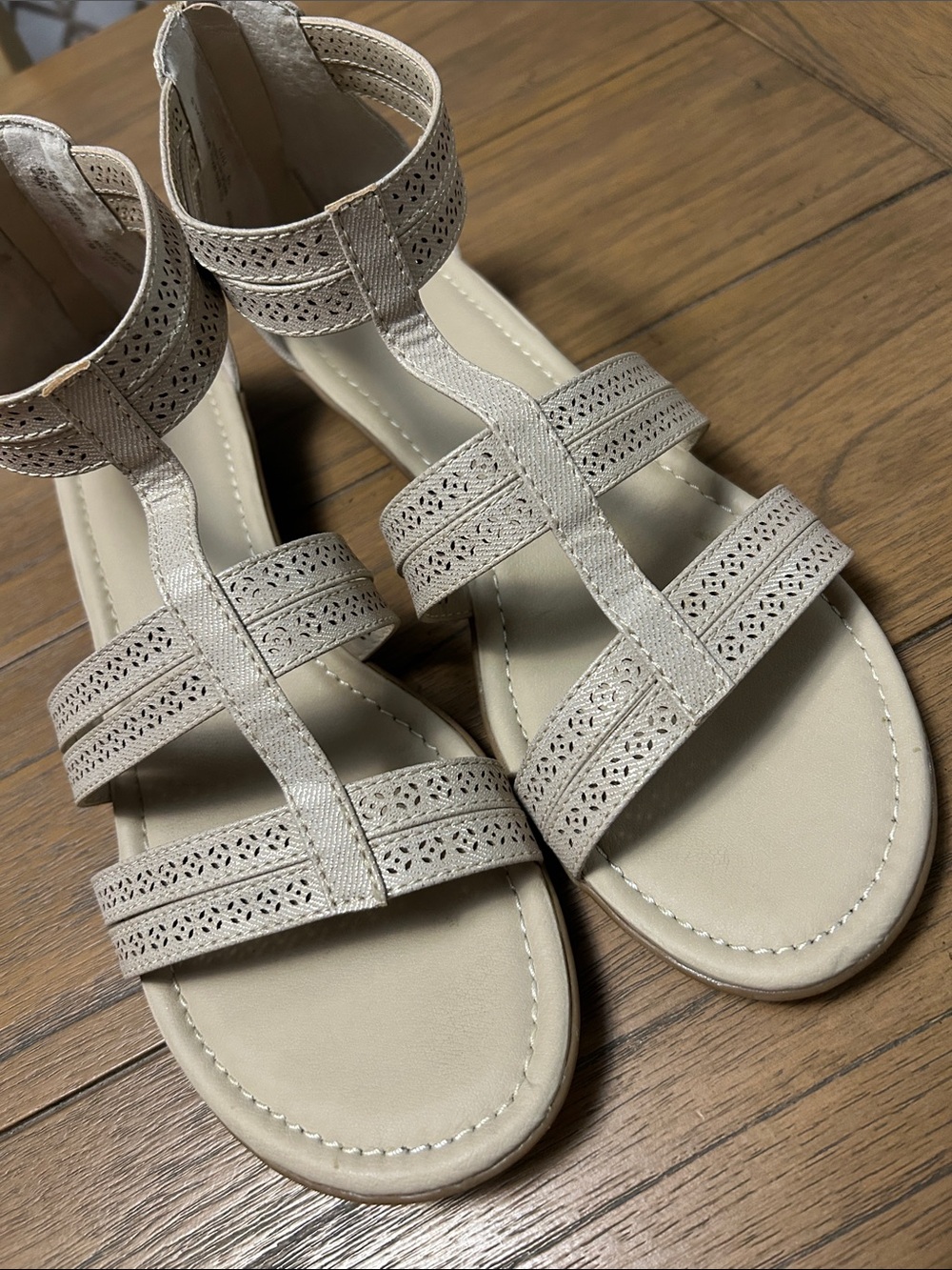 Rialto Neutral Laser-Cut T-Strap Wedge Sandals